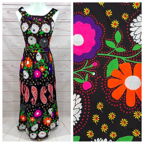 Vintage Dresses & Skirts - Vintage Bright Retro Neon 60’s Mod Floral Paisley Overall Backless Maxi Dress